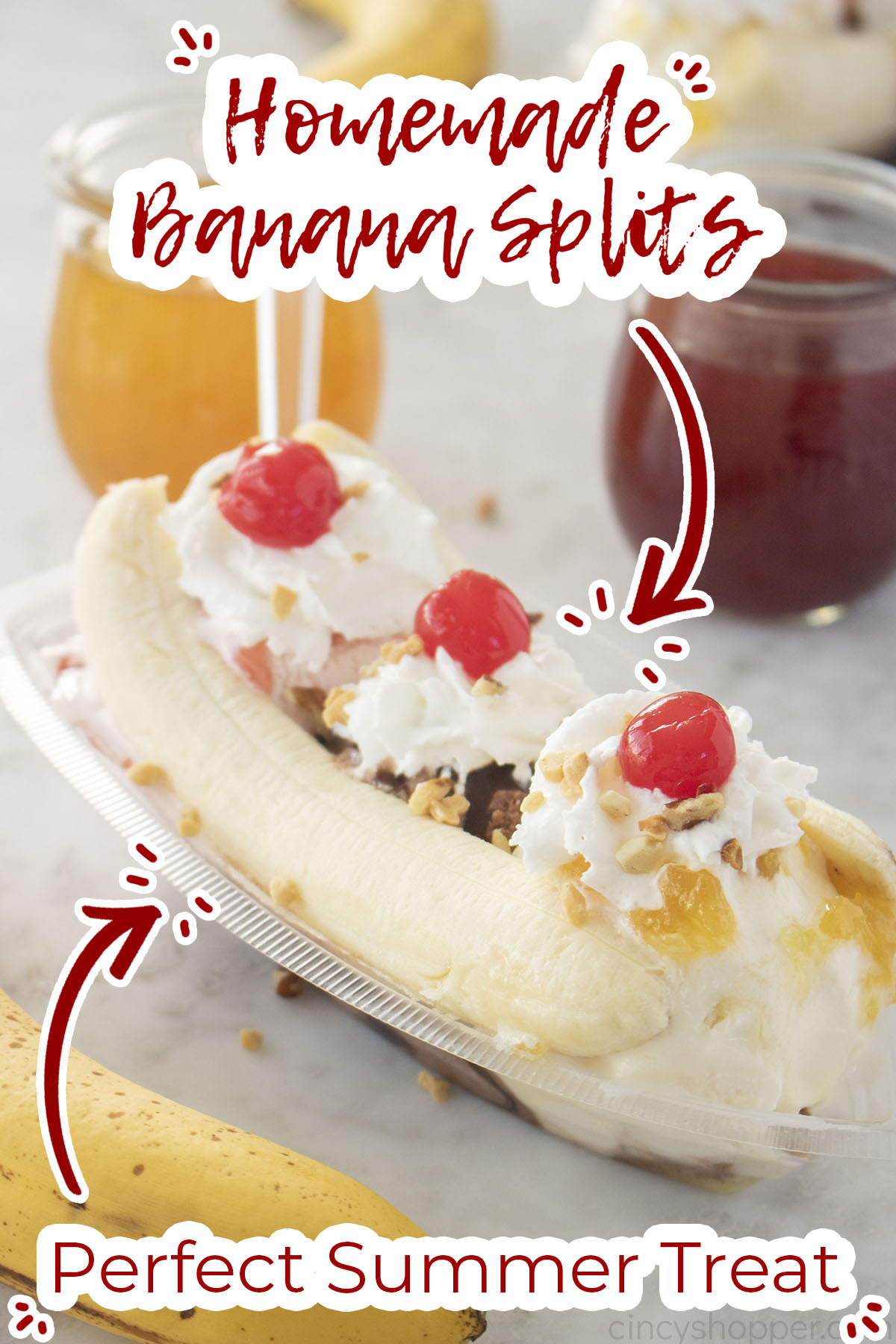 Text on image Homemade Banana Splits Perfect Summer Treat.