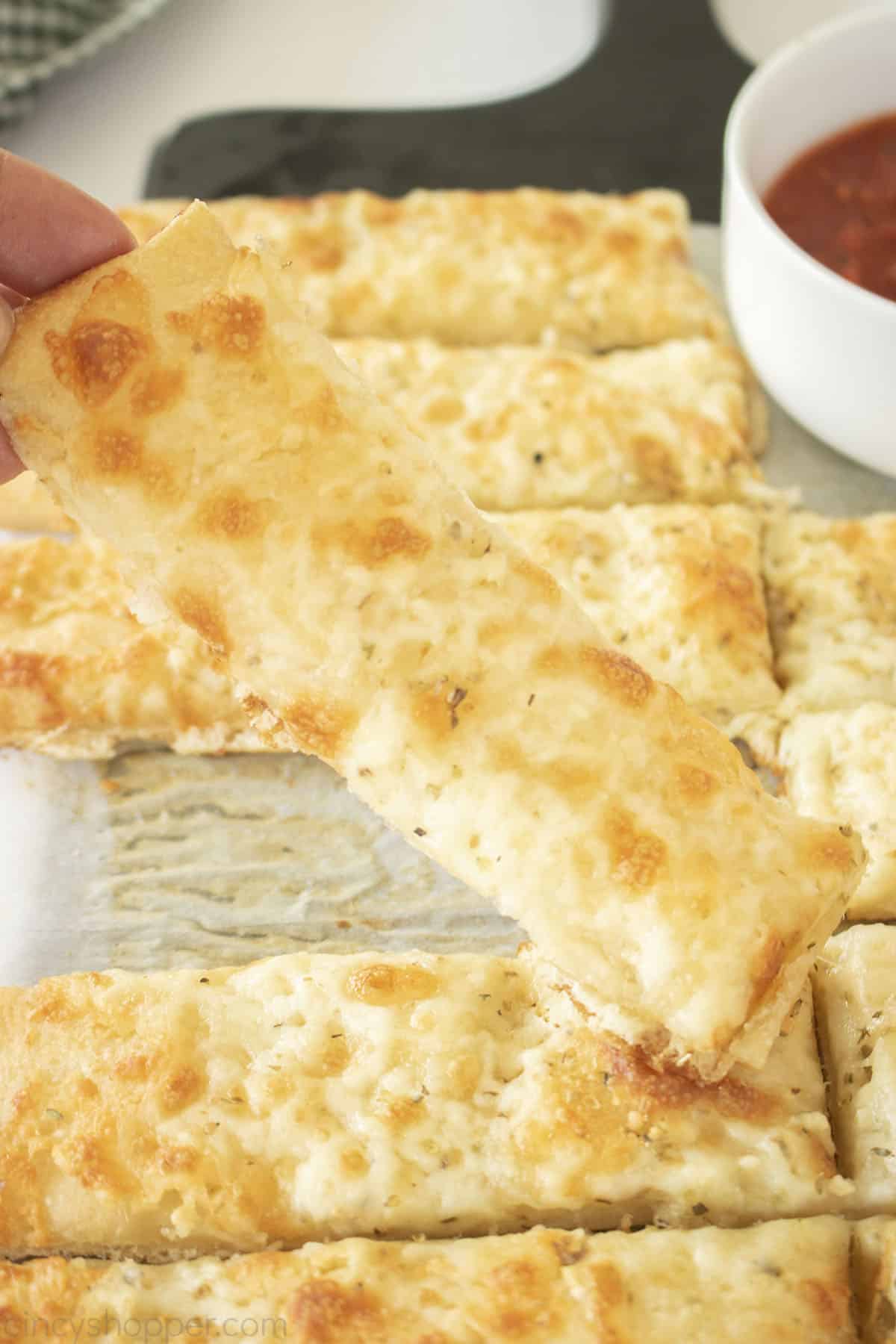 Closeup of Cheesy Garlic Breadsticks.