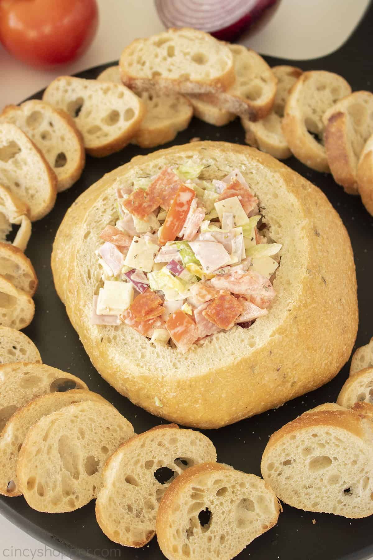 Italian Hoagie Dip in a bread bowl.