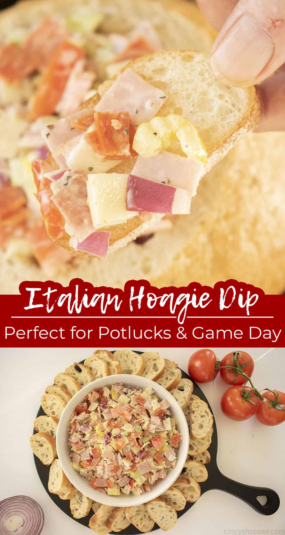 Long pin collage Italian Hoagie Dip Perfect for Potlucks & Game Day