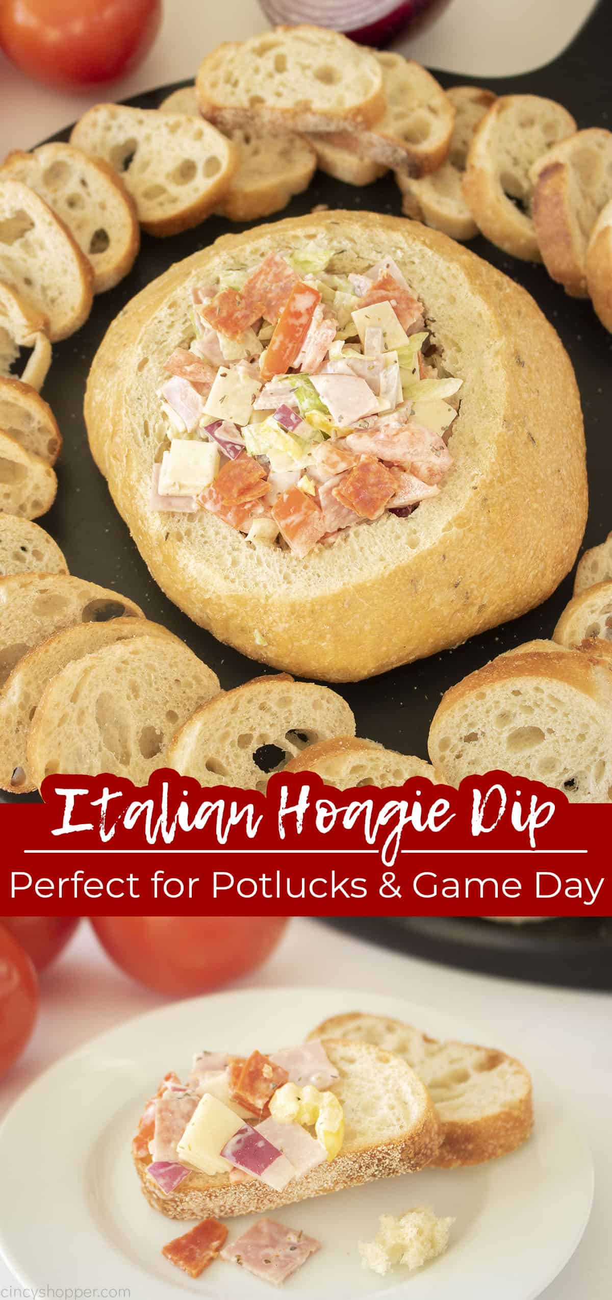 Long pin collage Italian Hoagie Dip Perfect for Potlucks & Game Day