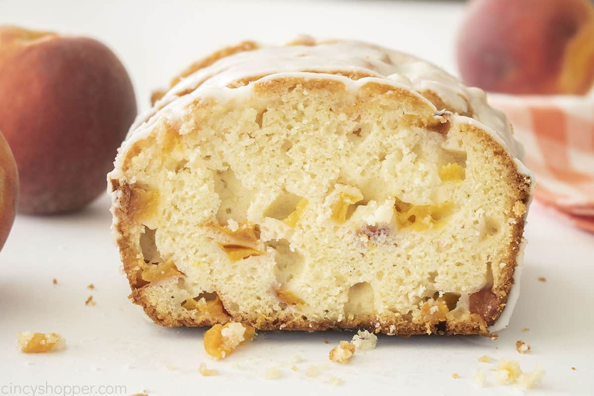 Slice of quick bread with peaches.