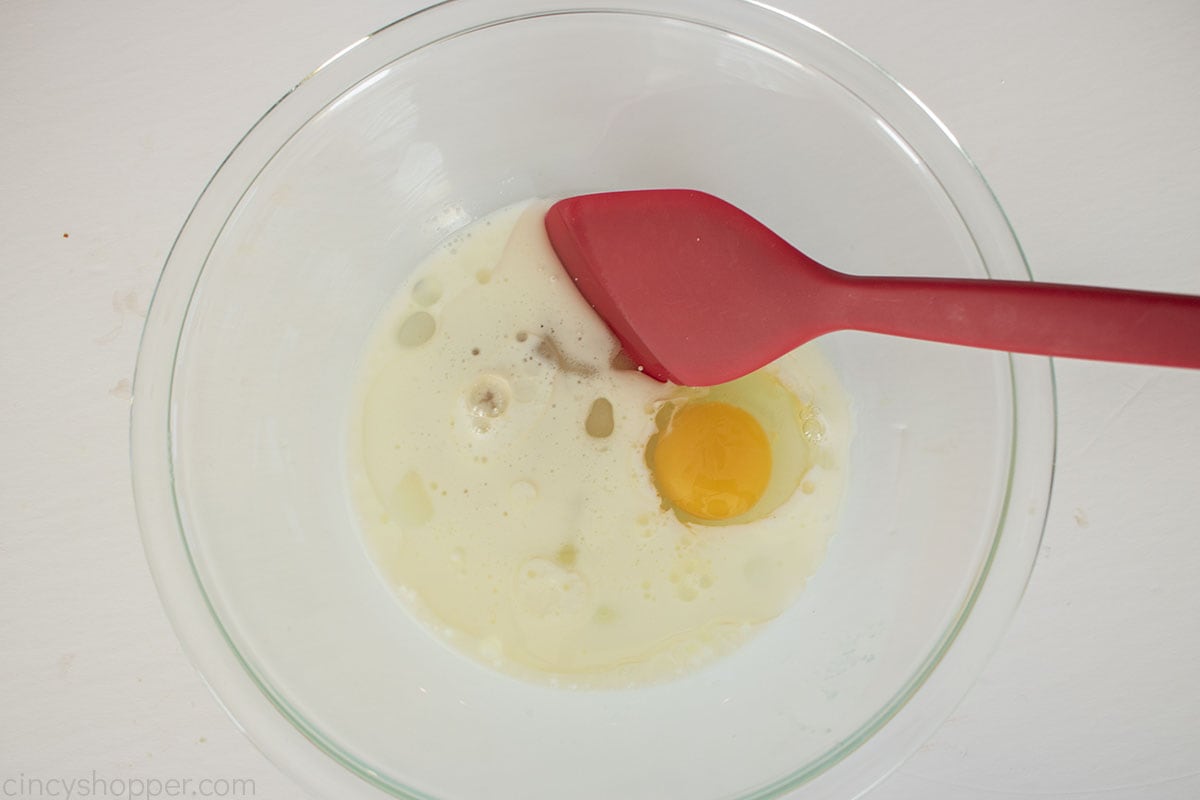 Wet ingredients in a mixing bowl.