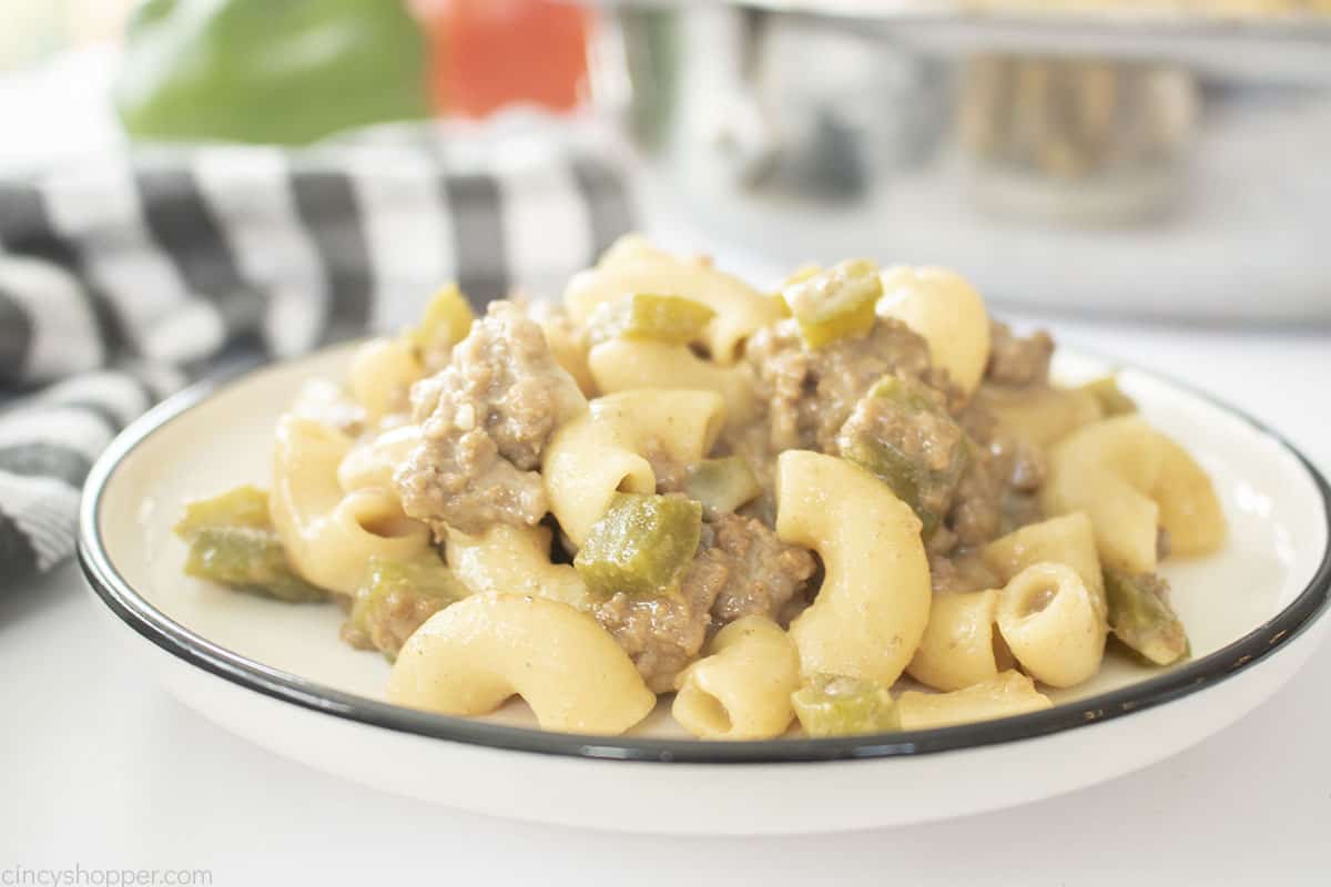 Skillet Philly Cheesesteak pasta on a plate.