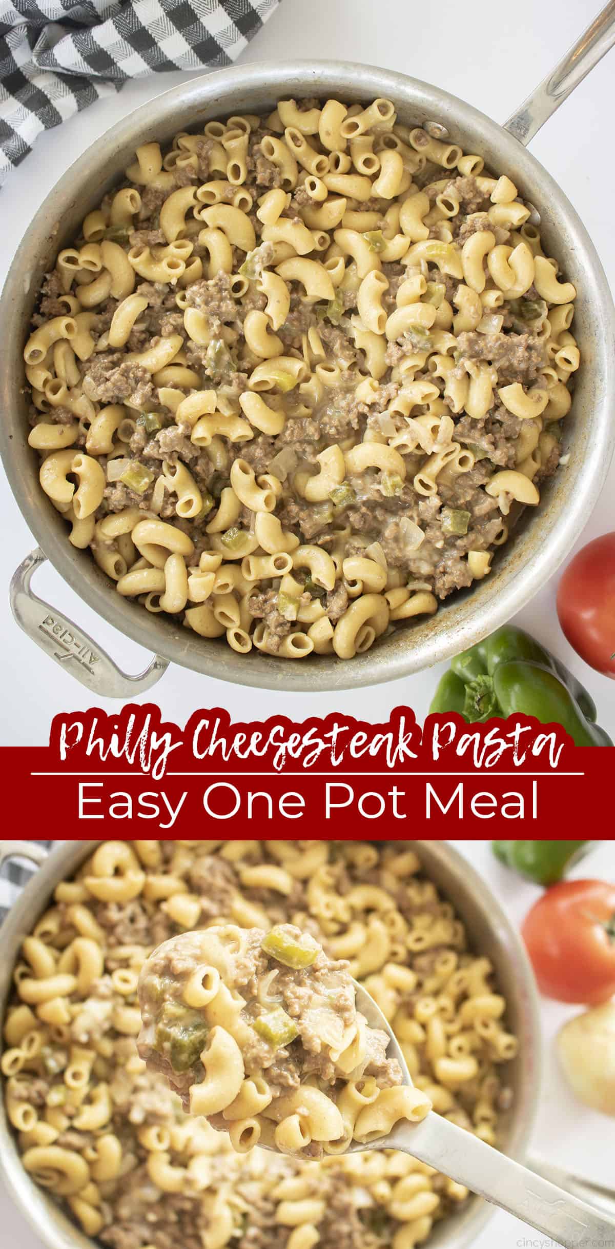 Long pin collage Text on image Philly Cheesesteak Pasta Easy One Pot Meal