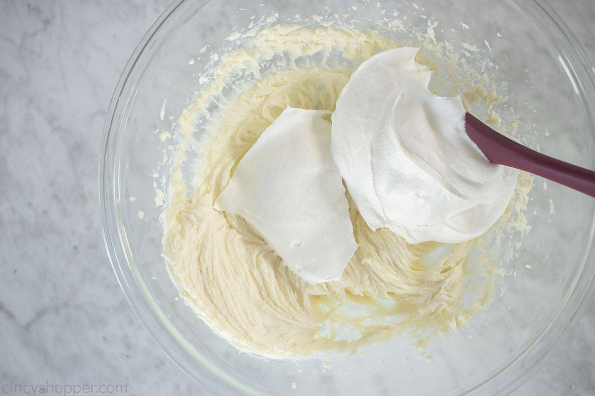 Cool Whipped topping added to cream cheese mixture.