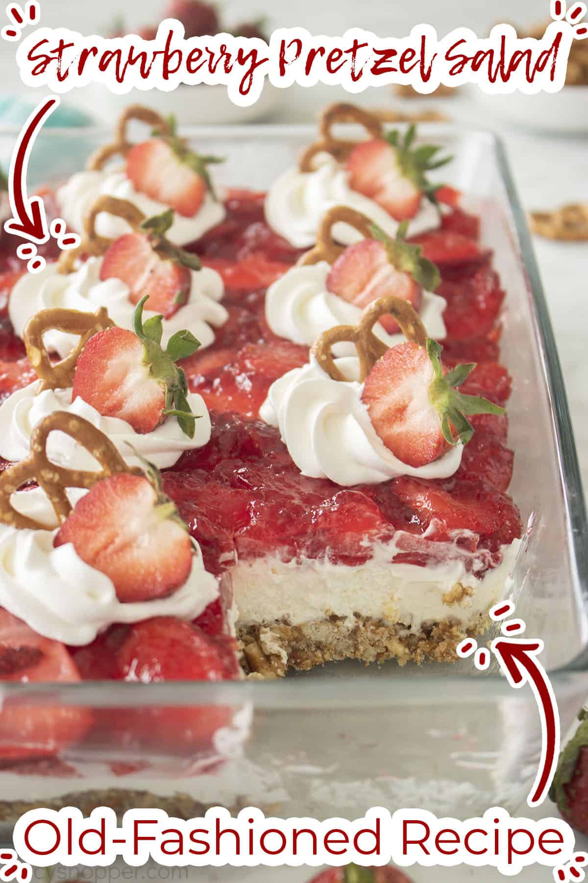 Strawberry Pretzel Salad in a clear baking dish.