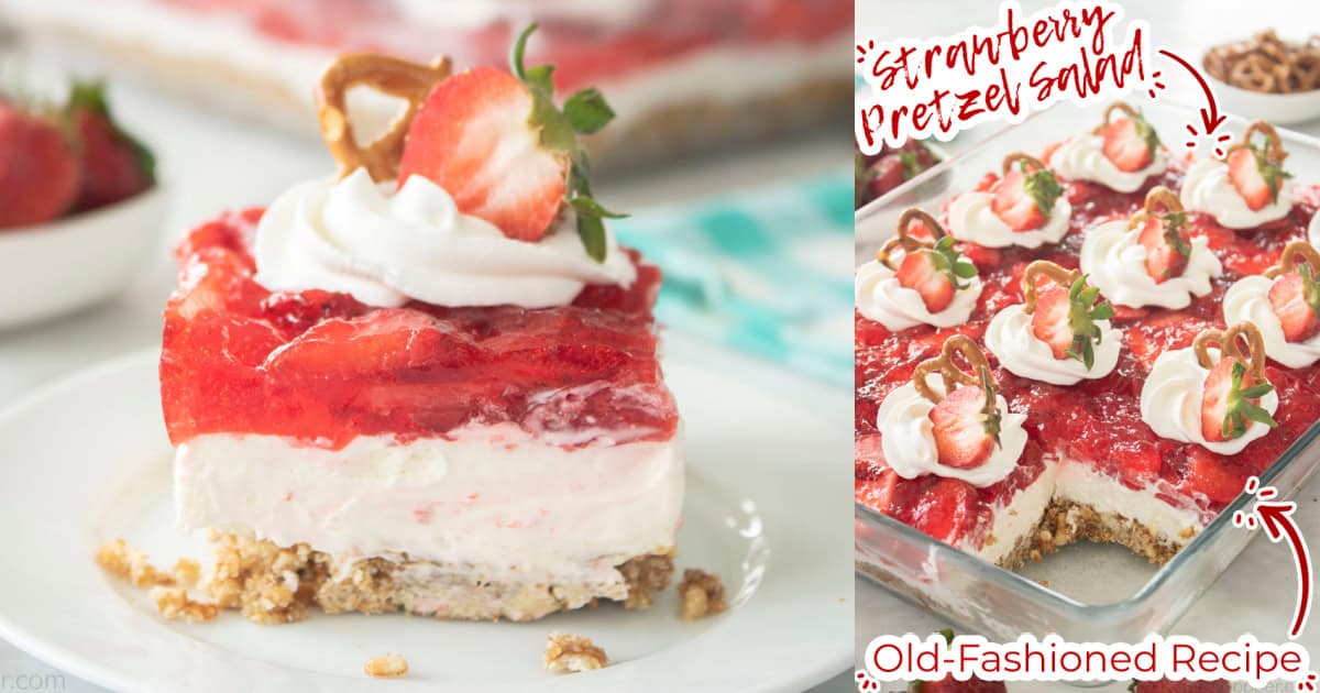 Collage image of Pretzel salad with strawberries. An Old-Fashioned recipe.