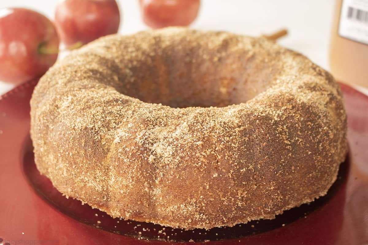 Fresh baked dusted apple bundt cake.