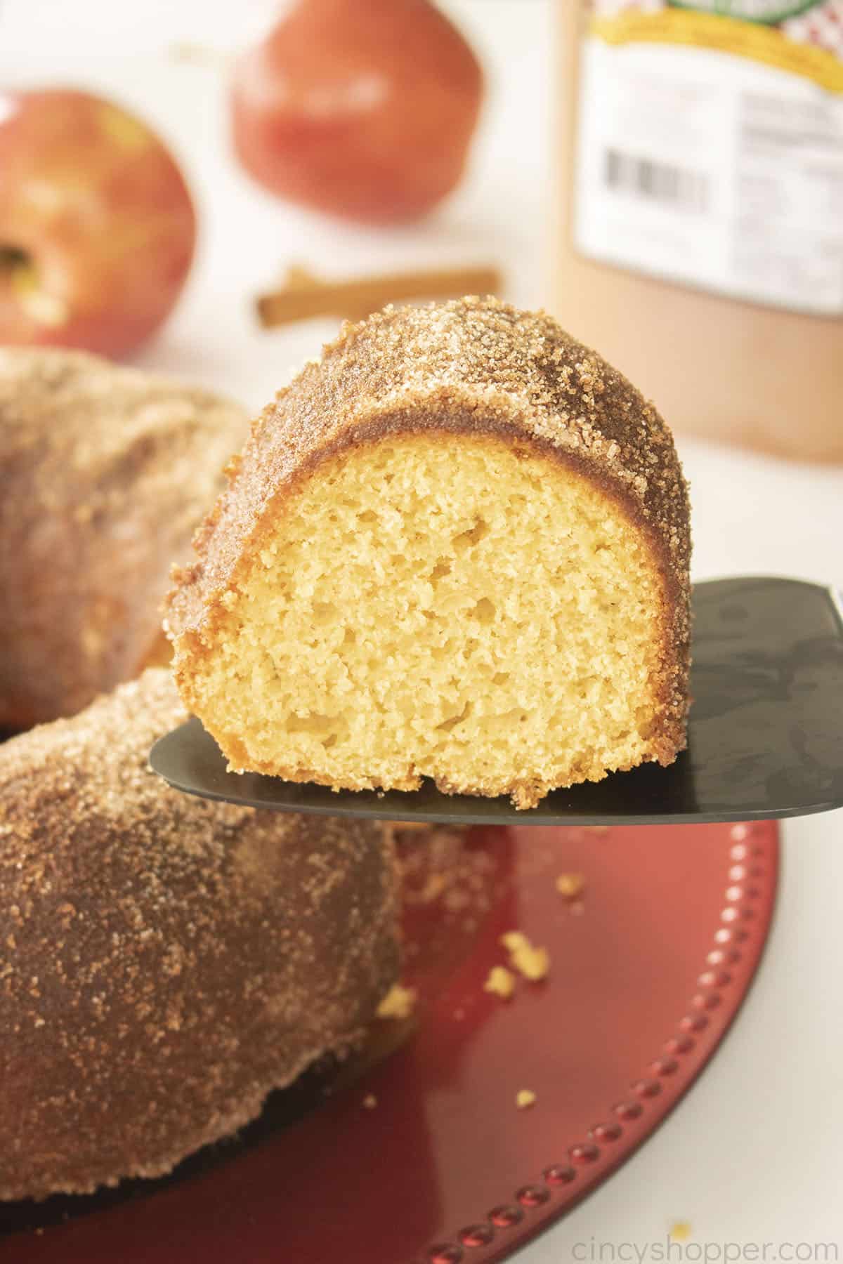 Slice of Apple Cider Donut Cake on a pie server.