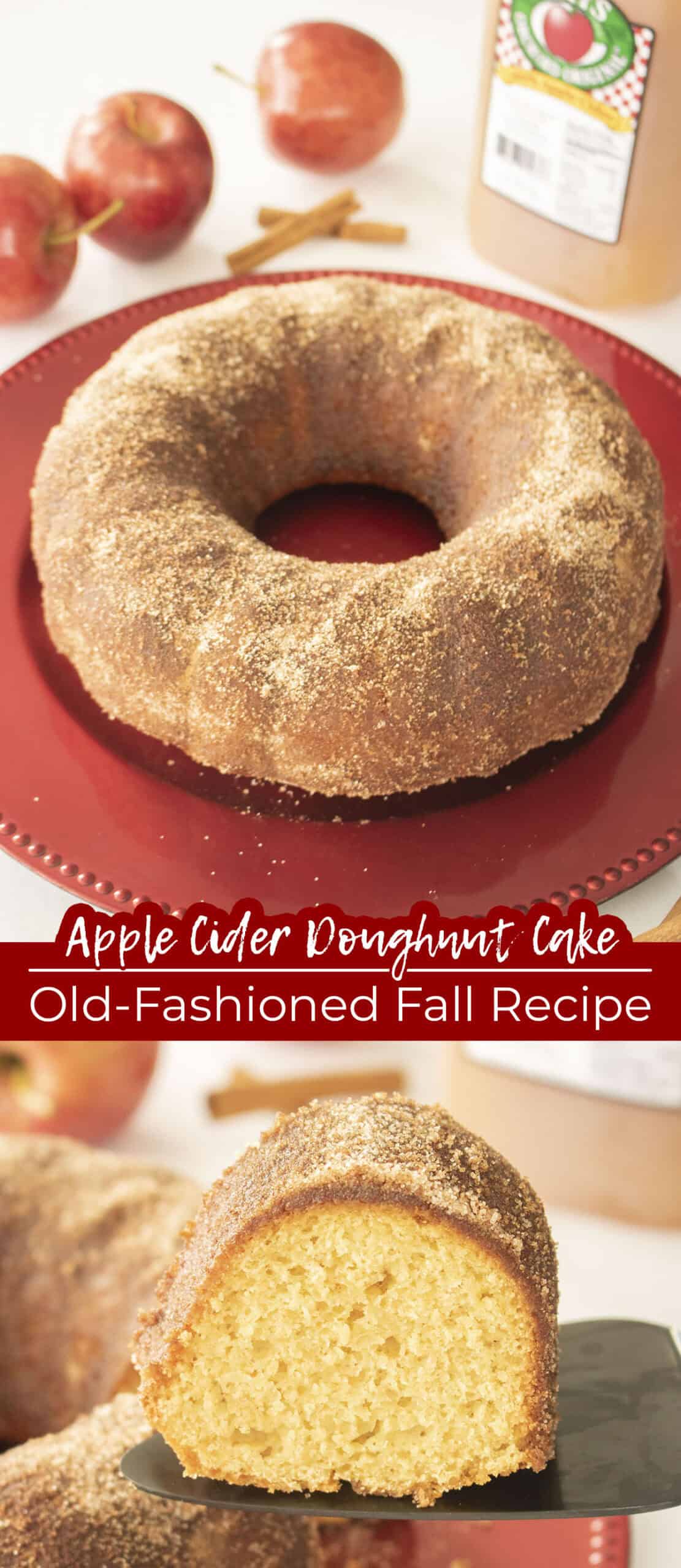 Long pin collage Text Apple Cider Doughnut Cake - Old Fashioned- Fall Recipe.