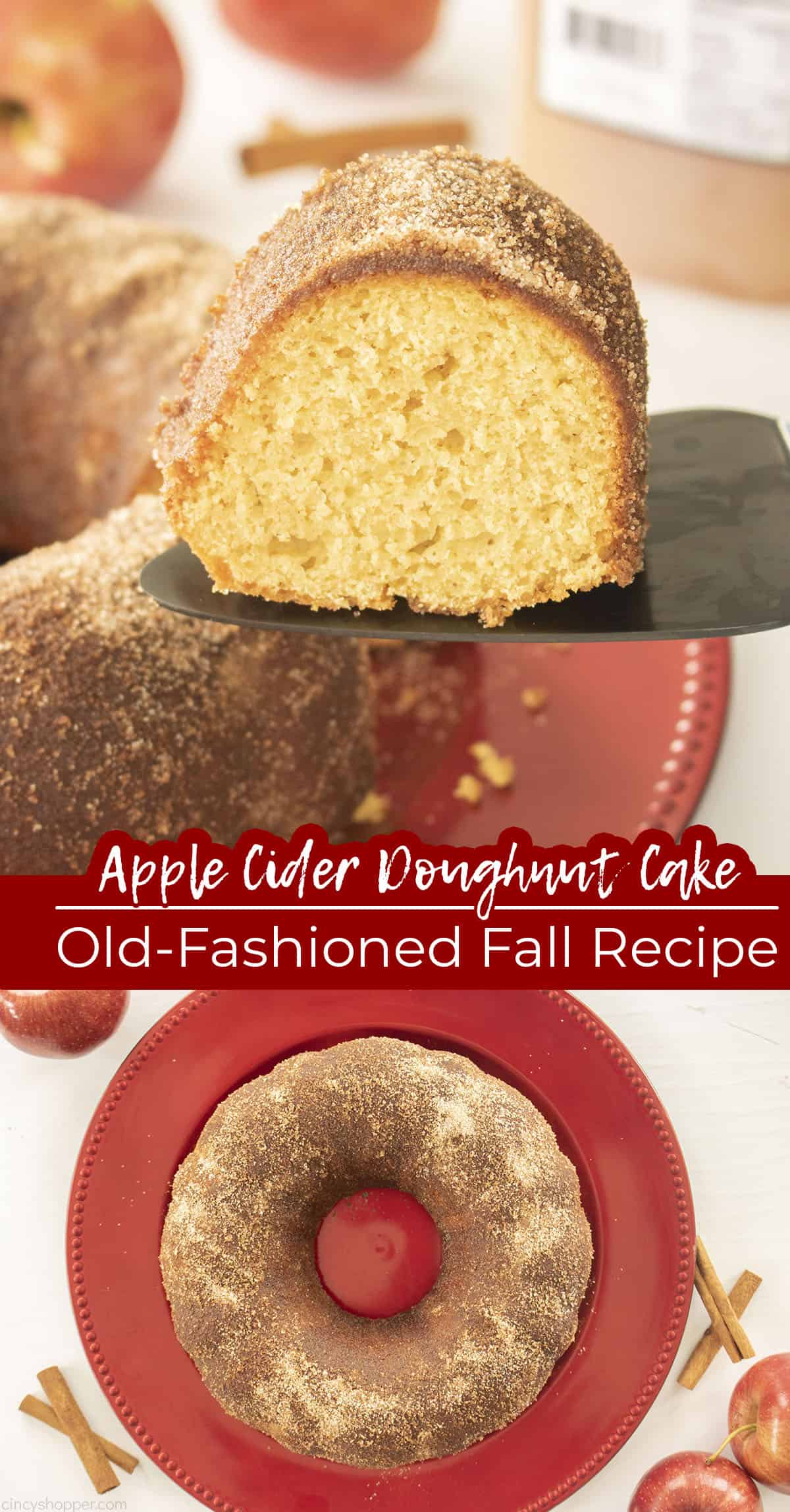 Long pin collage Text Apple Cider Doughnut Cake - Old Fashioned- Fall Recipe.