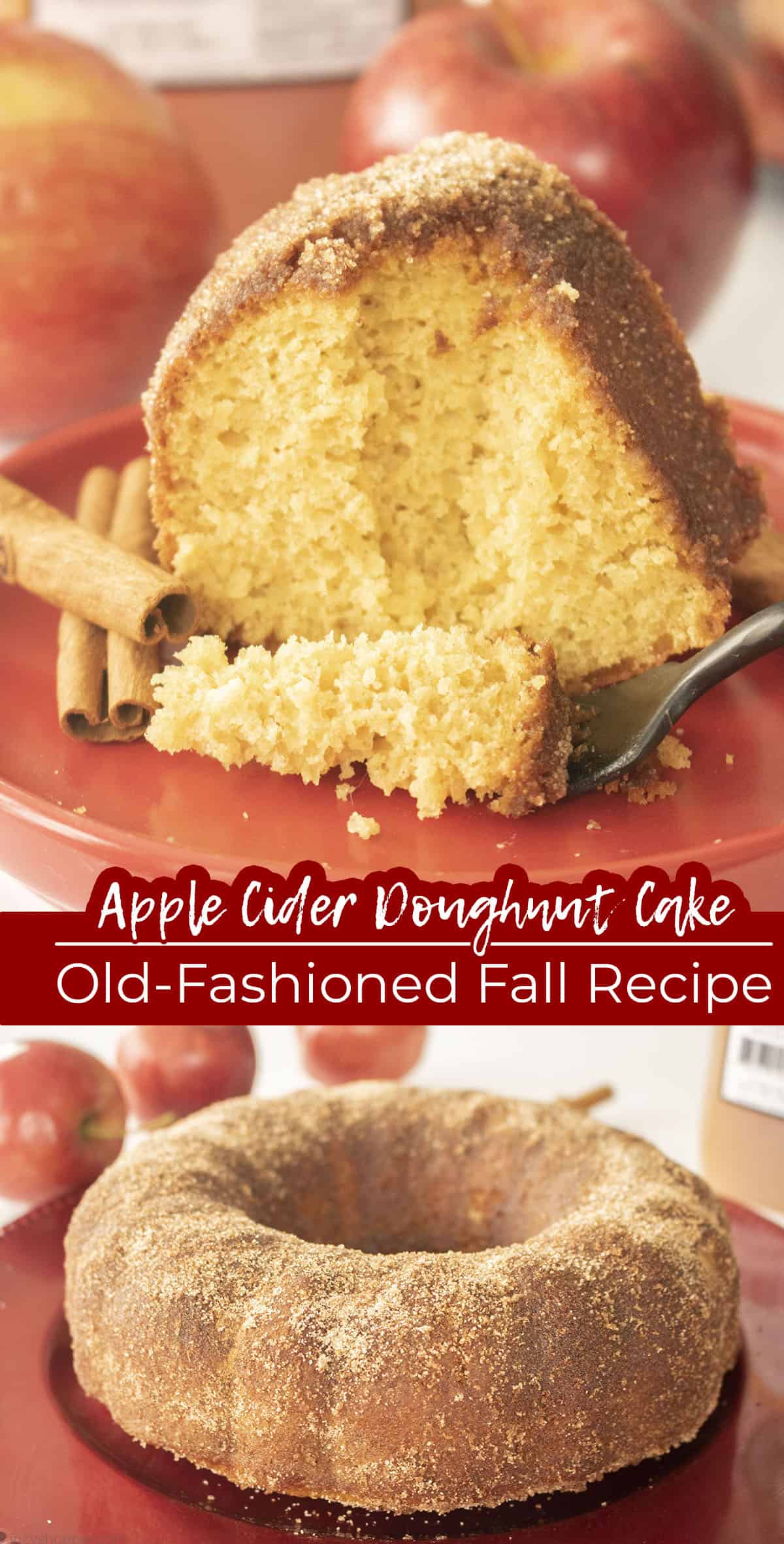 Long pin collage Text Apple Cider Doughnut Cake - Old Fashioned- Fall Recipe.