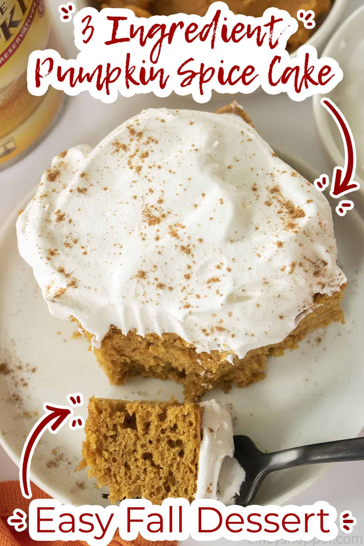 Text on image 3 Ingredient Pumpkin Spice Cake Easy Fall Dessert.