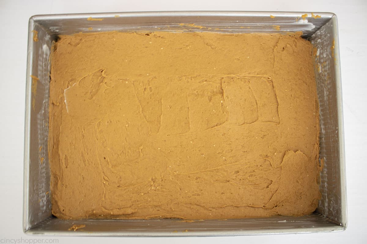 Pumpkin Spice Cake batter in a baking pan.