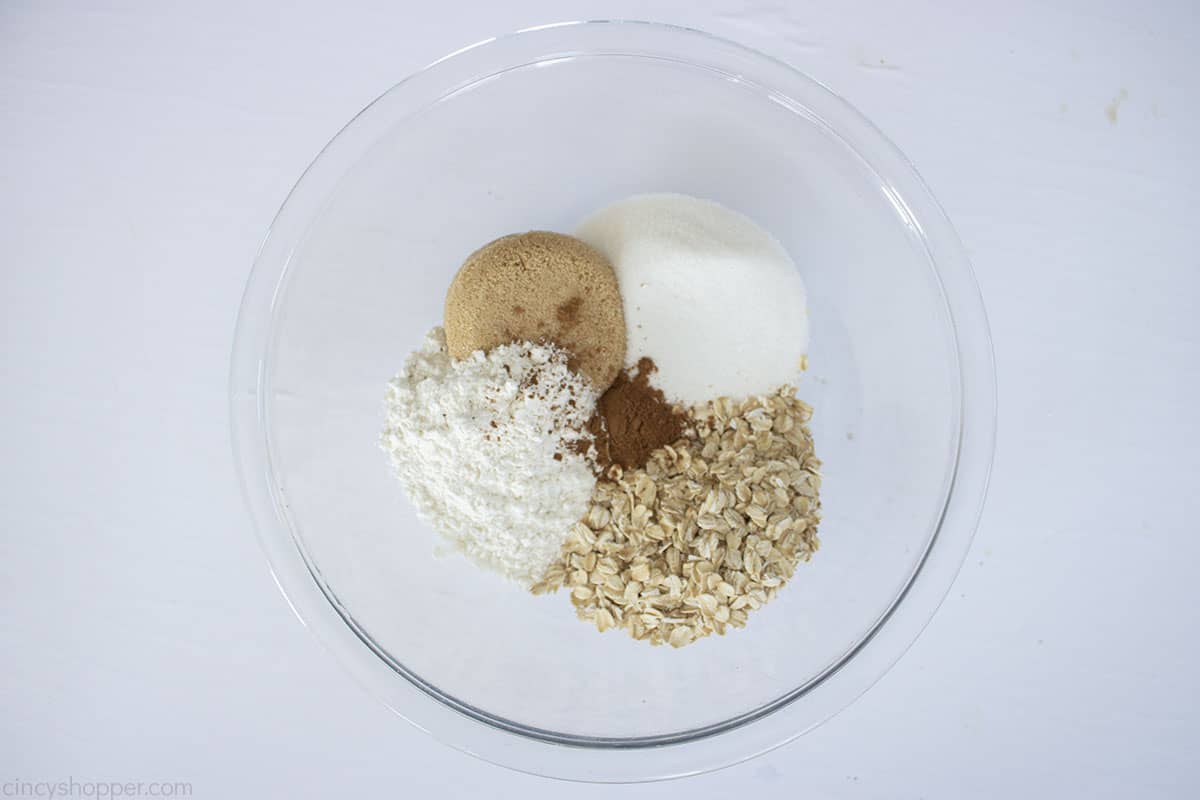 Crumb topping ingredients in a clear bowl.