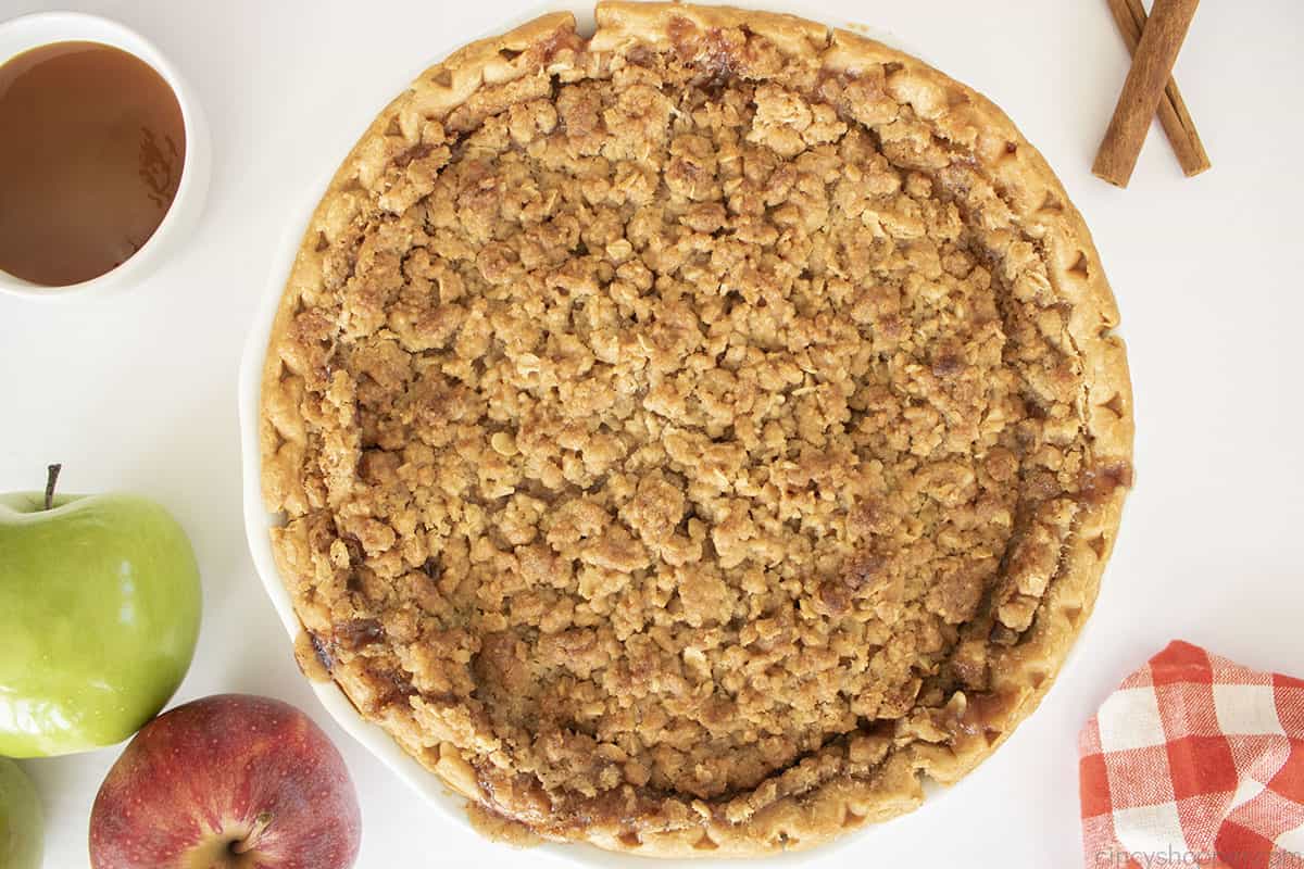 Overhead of fresh baked apple cheesecake pie