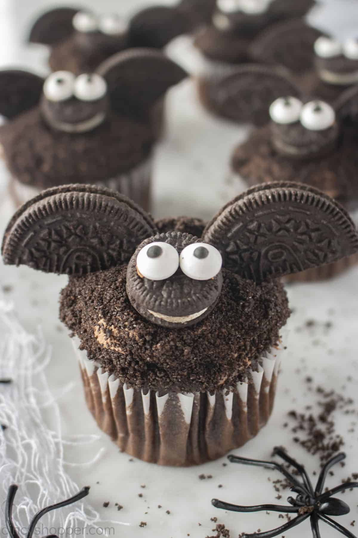 Bat Cupcakes with Oreo Cookies and spiders.