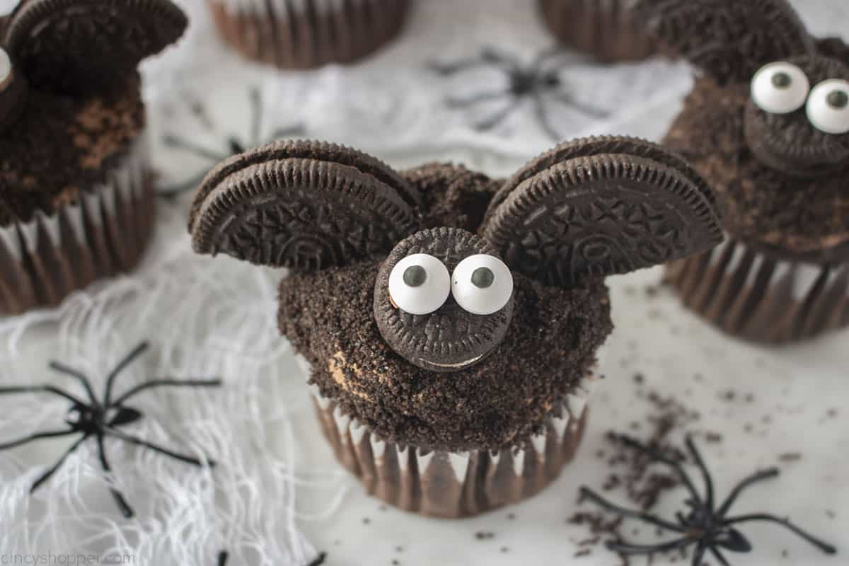 Decorated halloween cupcake with bat topper.