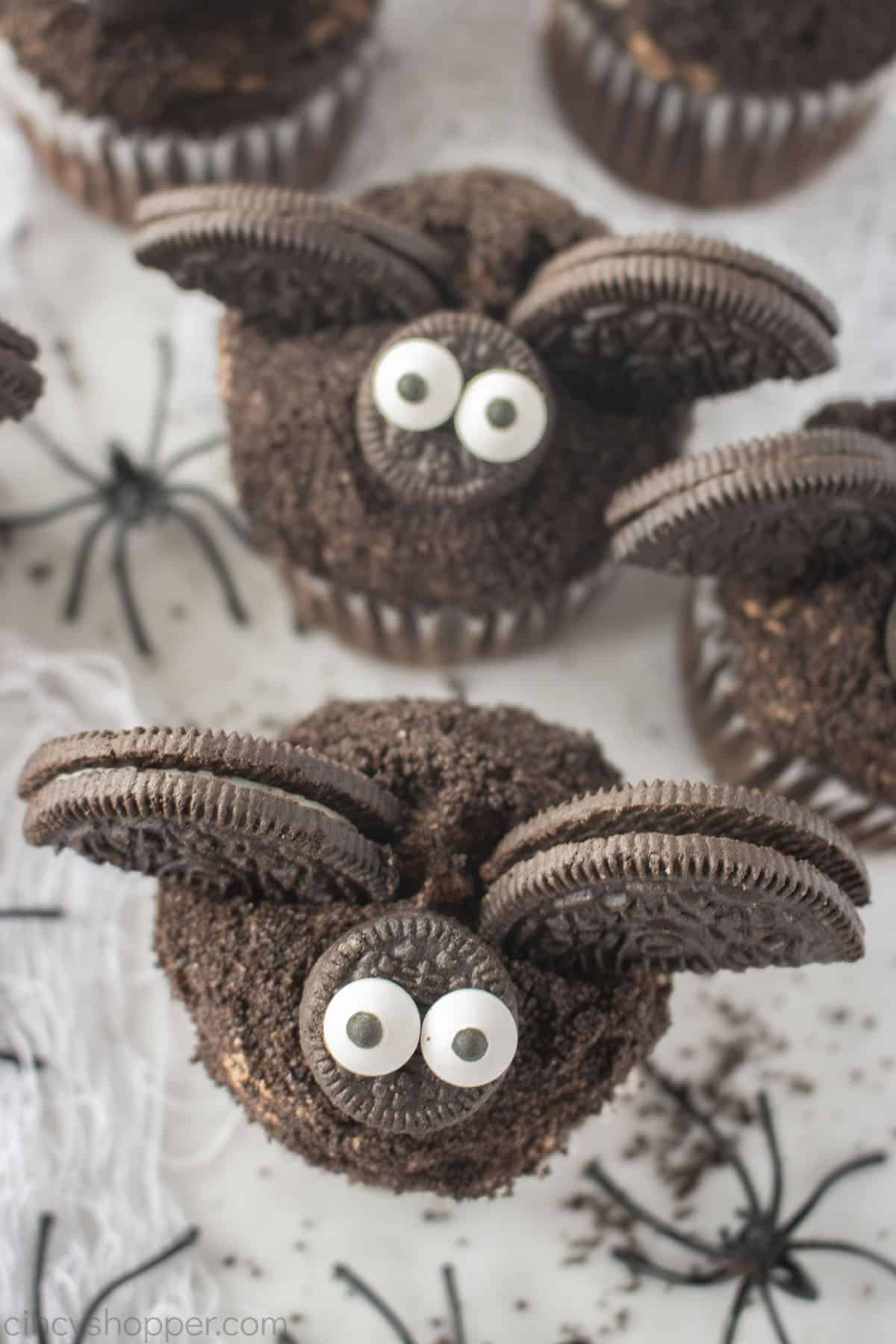 Overhead of Halloween Cupcakes with bats.