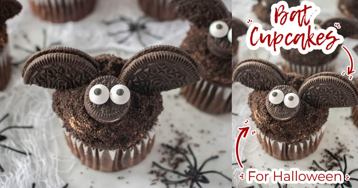 Collage with Text on image Bat Cupcakes For Halloween