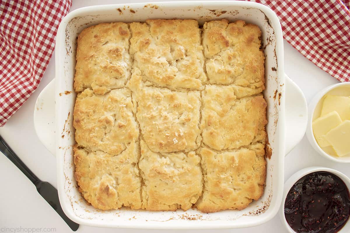 Fresh Baked Swim Biscuits in a white baking pan.