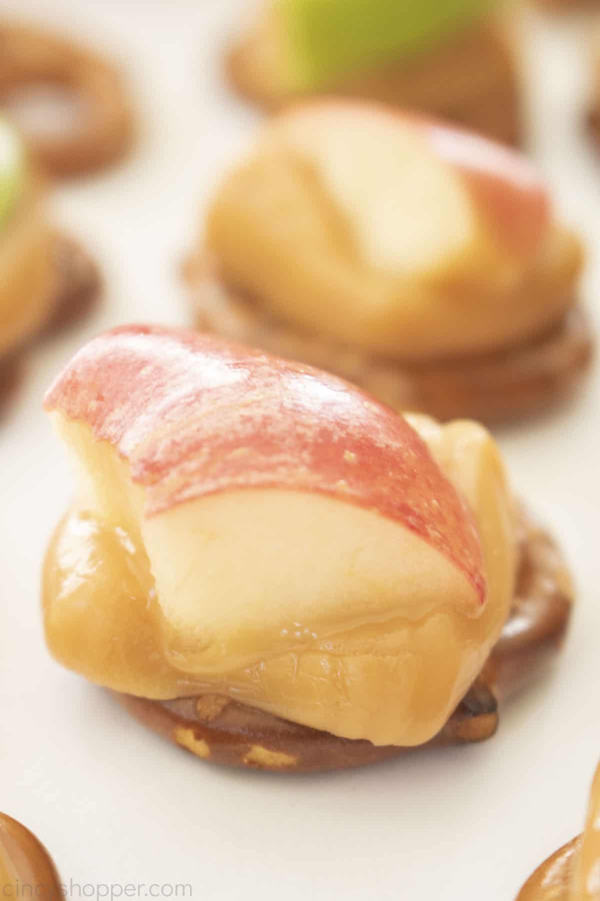 Closeup of Pretzel Caramel Apple Bites.