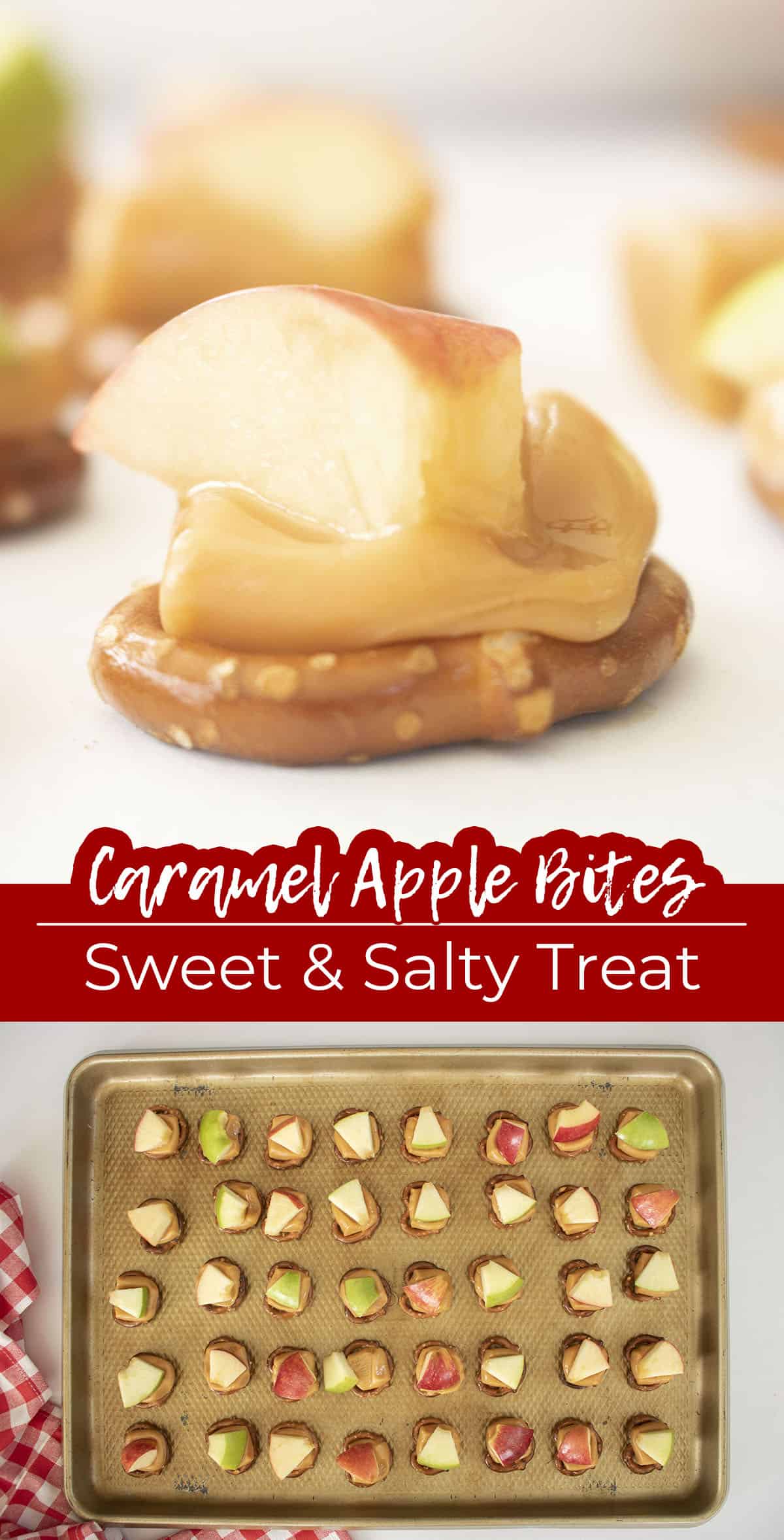 Long Pin collage Text on image Caramel Apple Bites Sweet & Salty Treat.