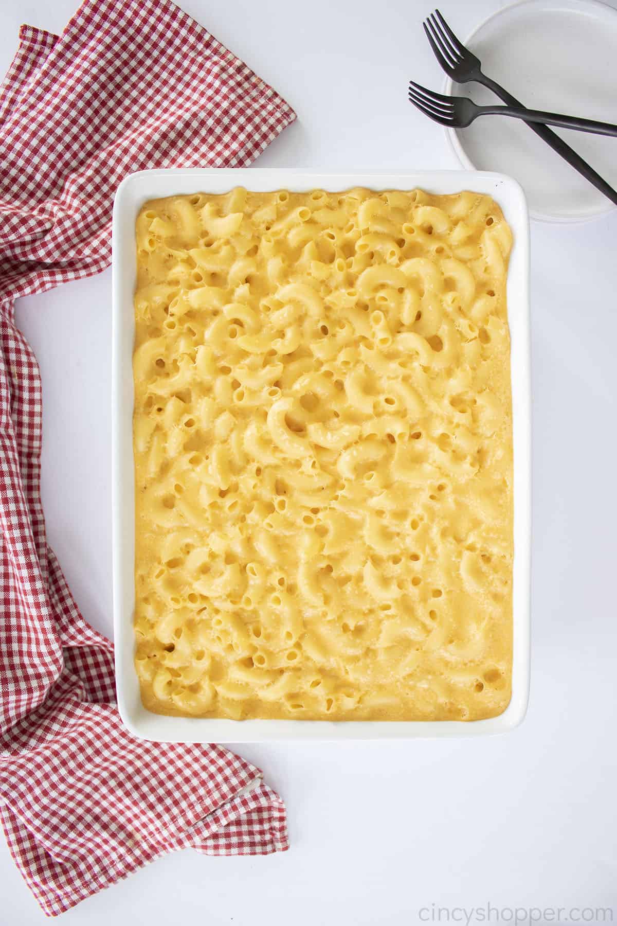 Stouffer's Mac and Cheese in a white casserole dish.