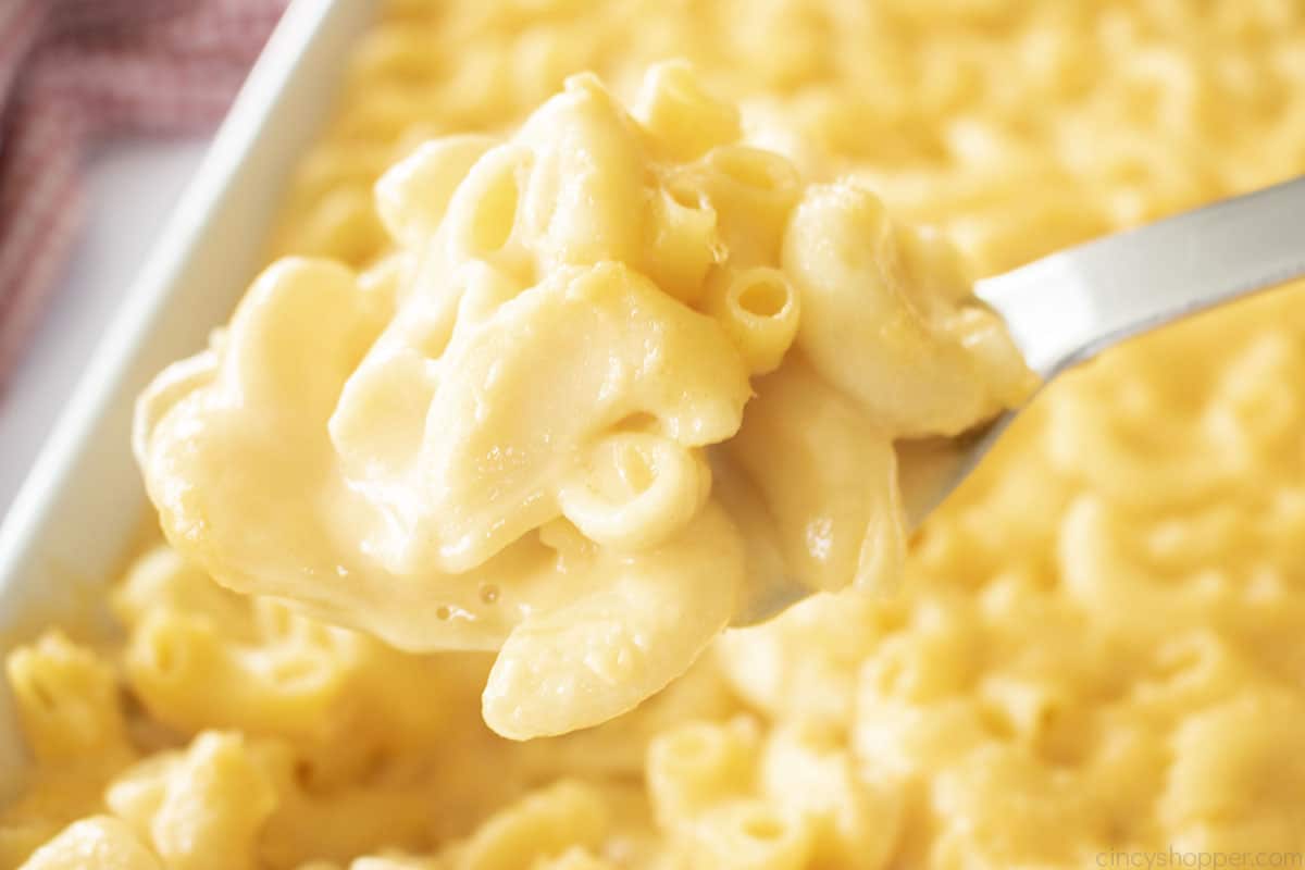 Spoon with creamy Copycat  Stouffer's Macaroni and Cheese