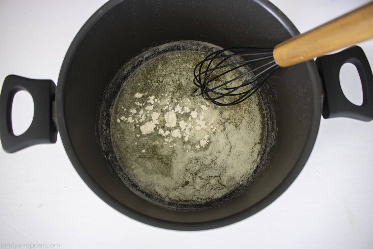 Flour added to melted butter.