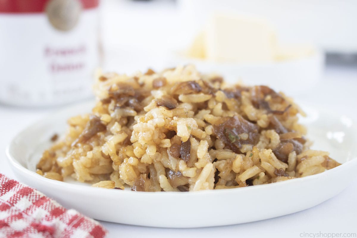 French Onion Soup Rice on a white plate.