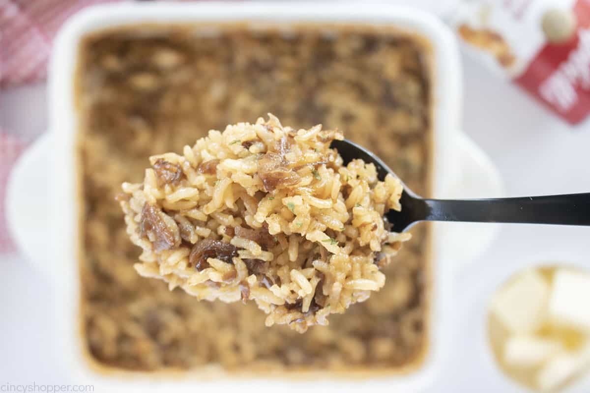 Spoon with french onion rice.