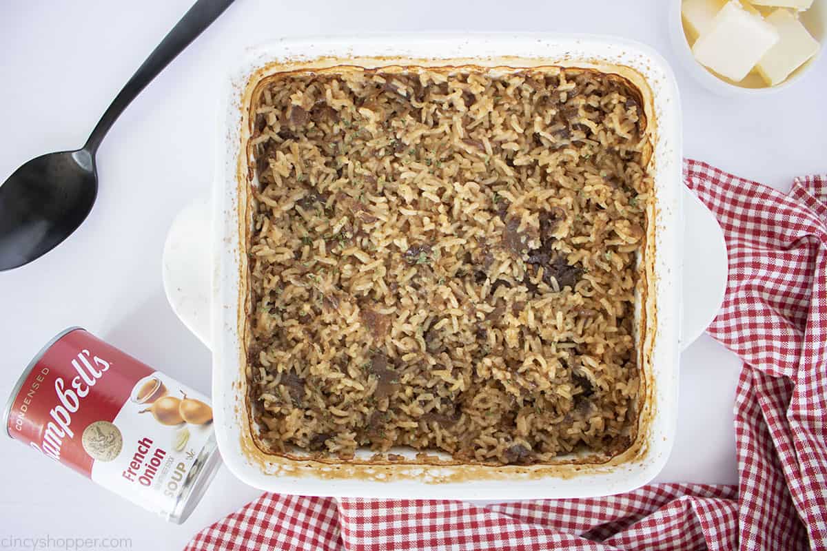 Baked French Onion Rice in a white casserole dish.