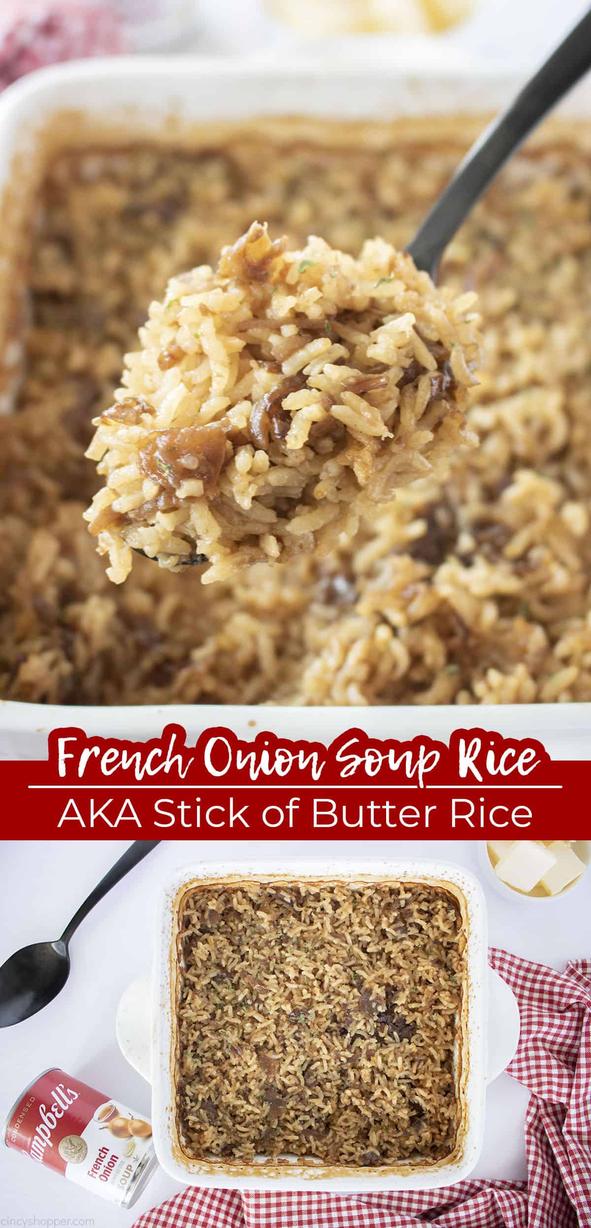 Long Pin with Text on image French Onion Soup Rice AKA Stick of Butter Rice