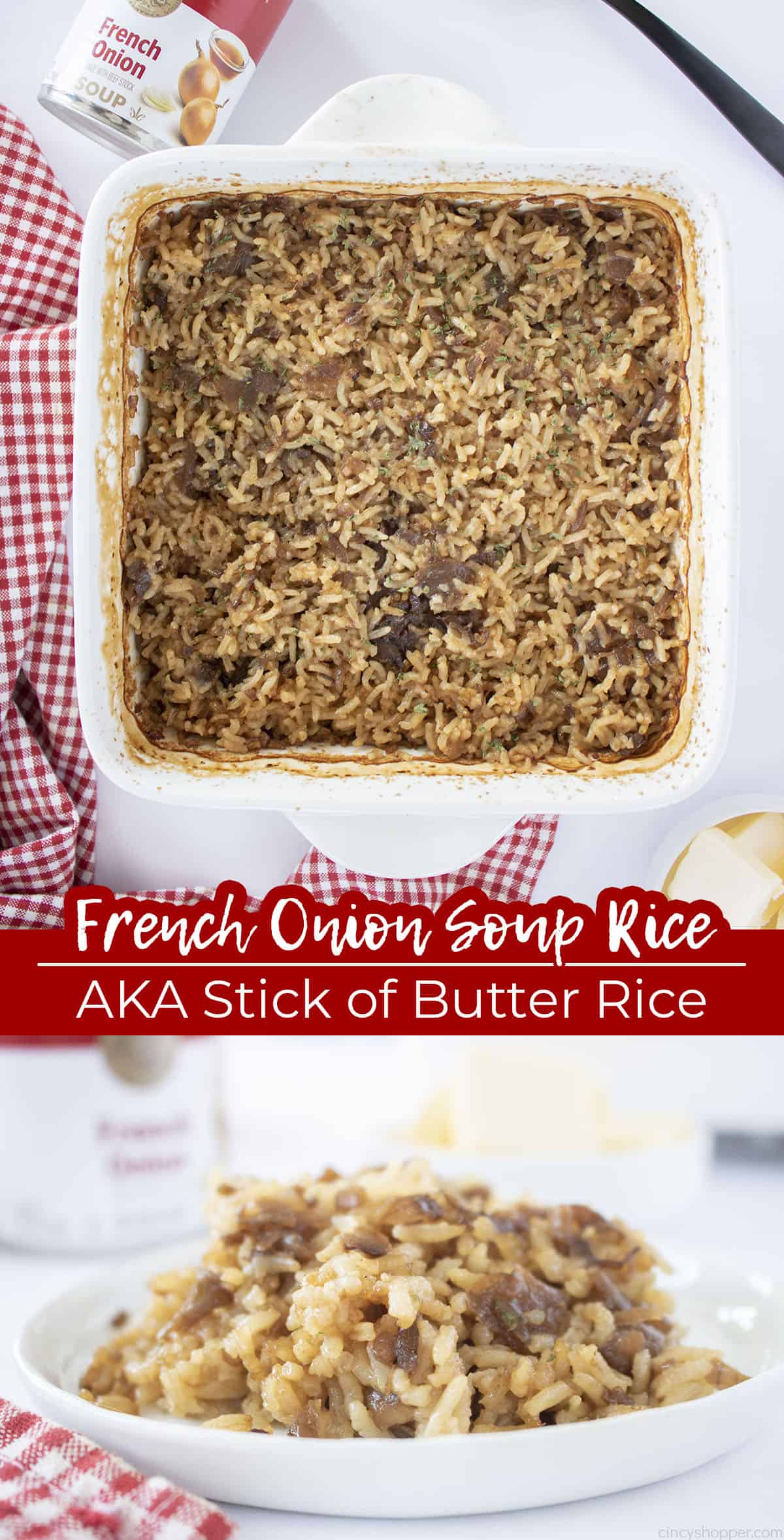 Long Pin with Text on image French Onion Soup Rice AKA Stick of Butter Rice