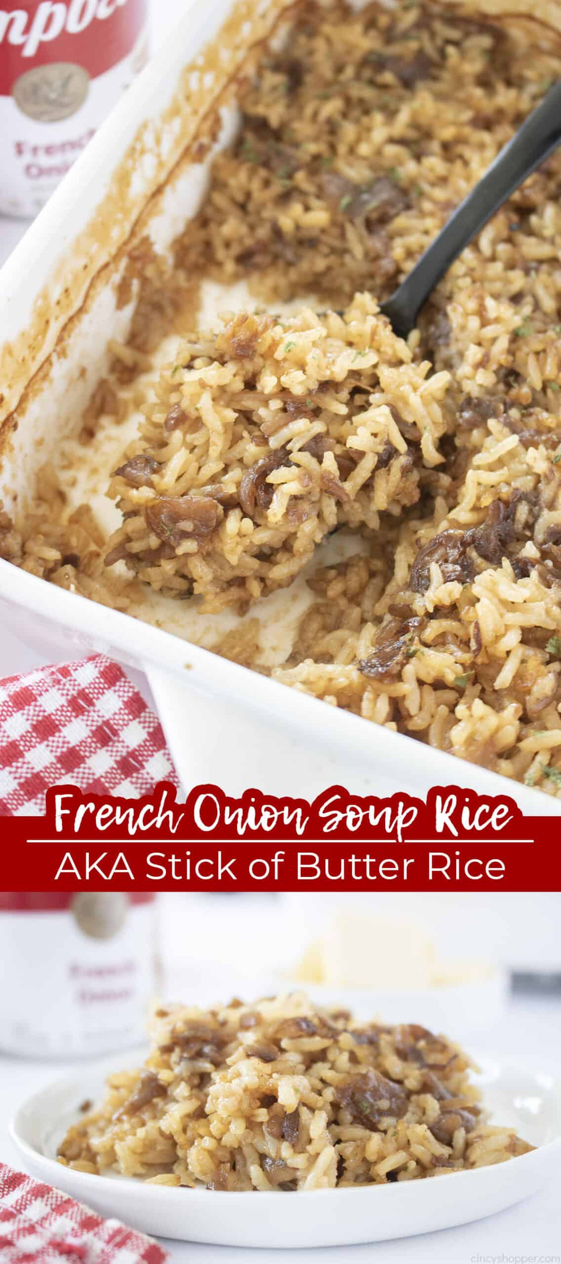 Long Pin with Text on image French Onion Soup Rice AKA Stick of Butter Rice