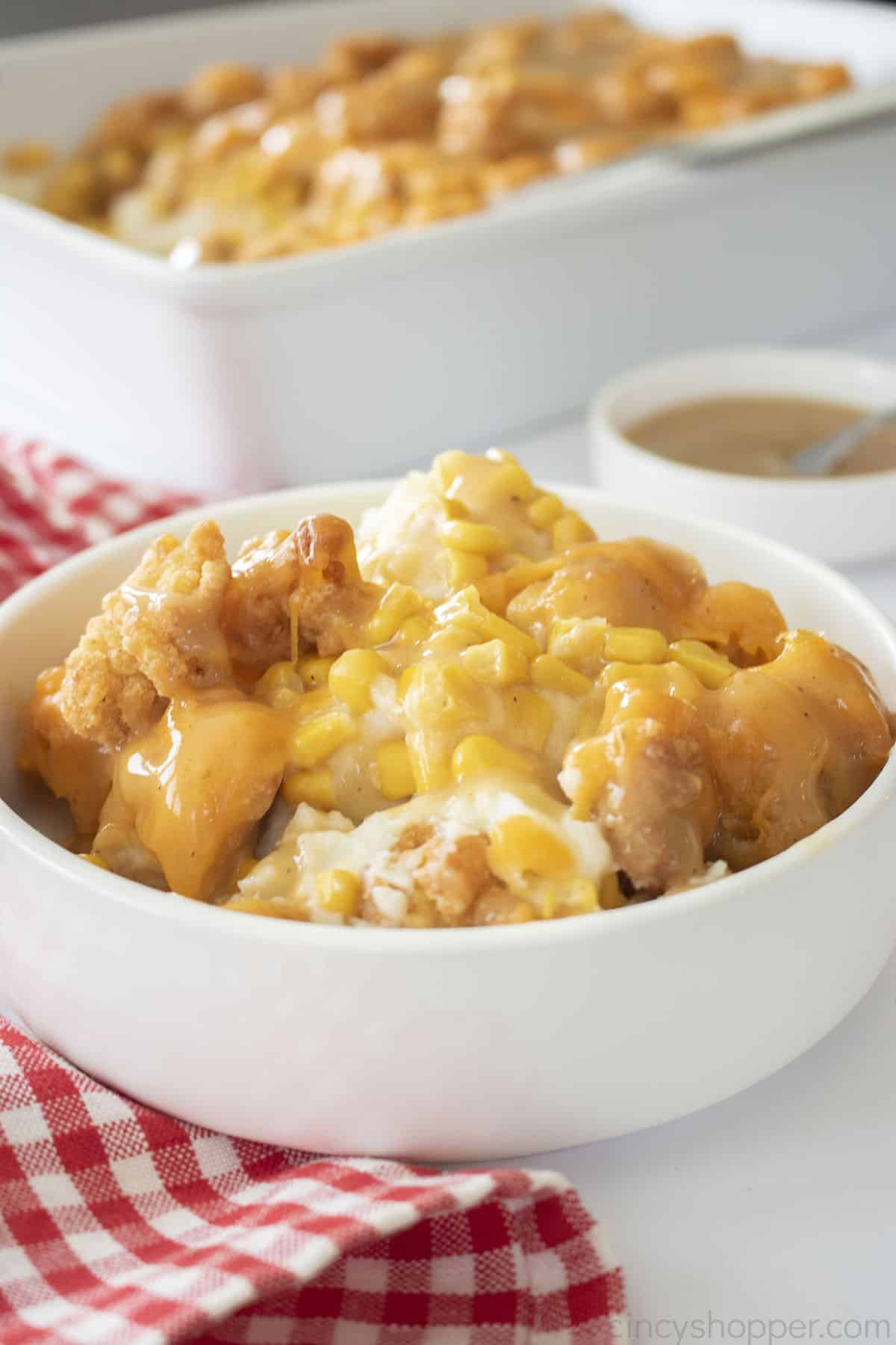 KFC Famous Bowl Casserole in a white bowl.