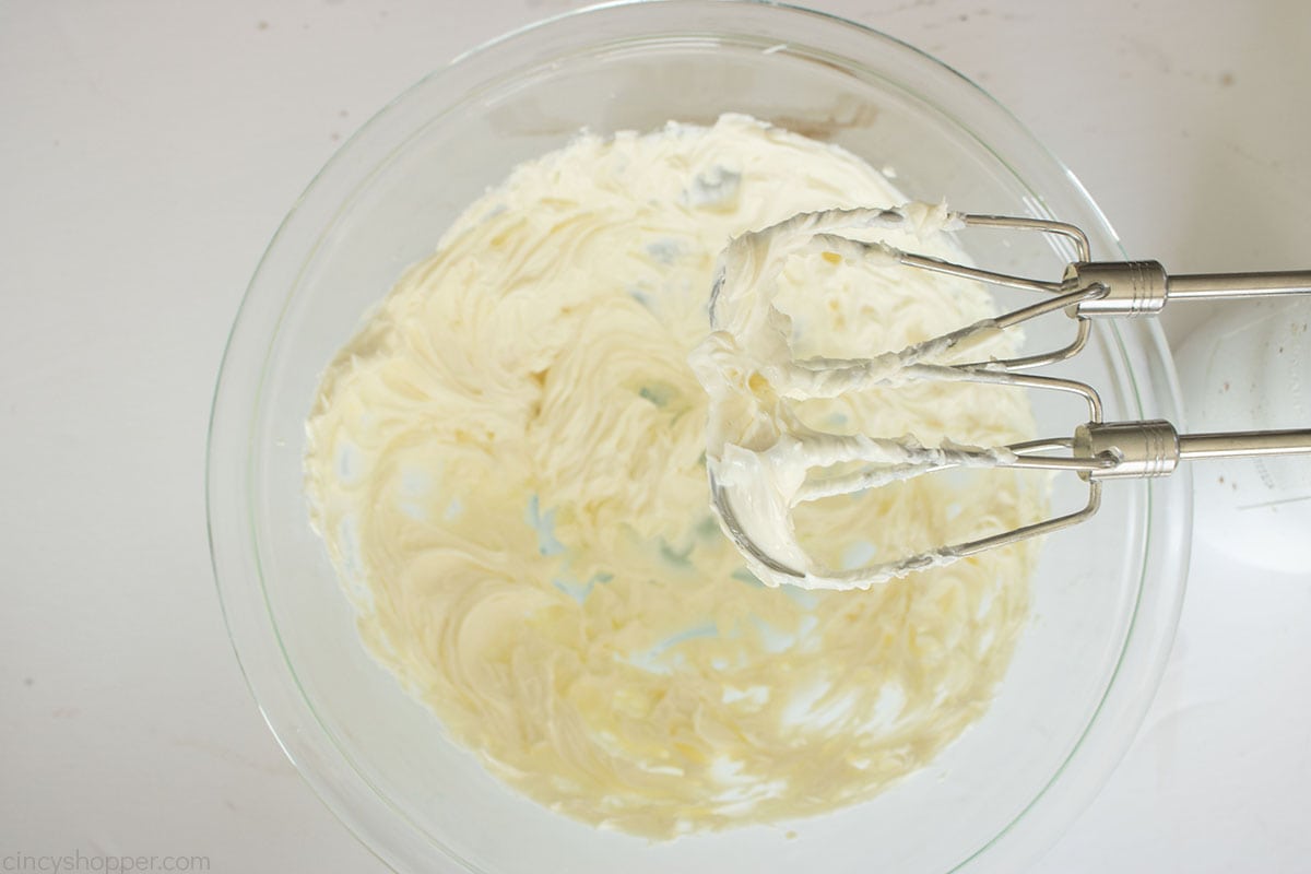 Whipped cream cheese mixture in a bowl.