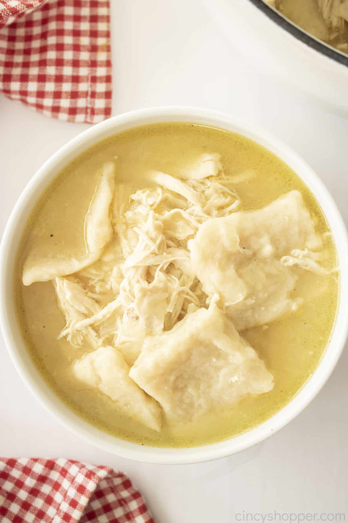 Old Fashioned Chicken and Dumplings in a white bowl.