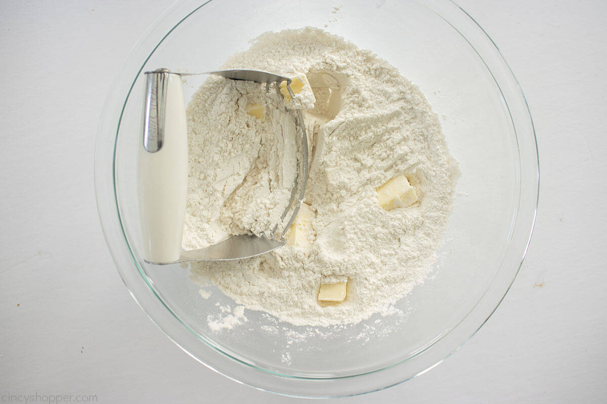 Butter added to dry ingredients with a pastry fork.