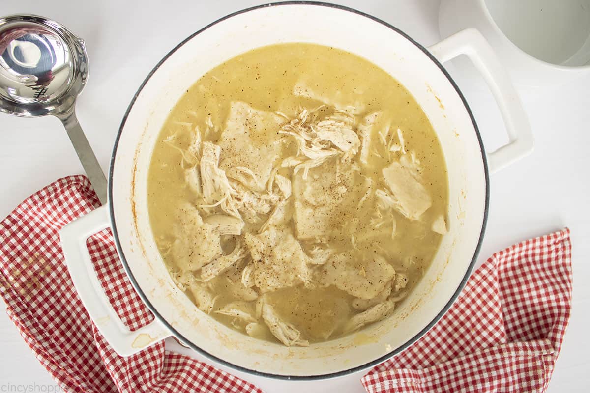 Homemade Chicken and dumplings with salt and pepper in a dutch oven.