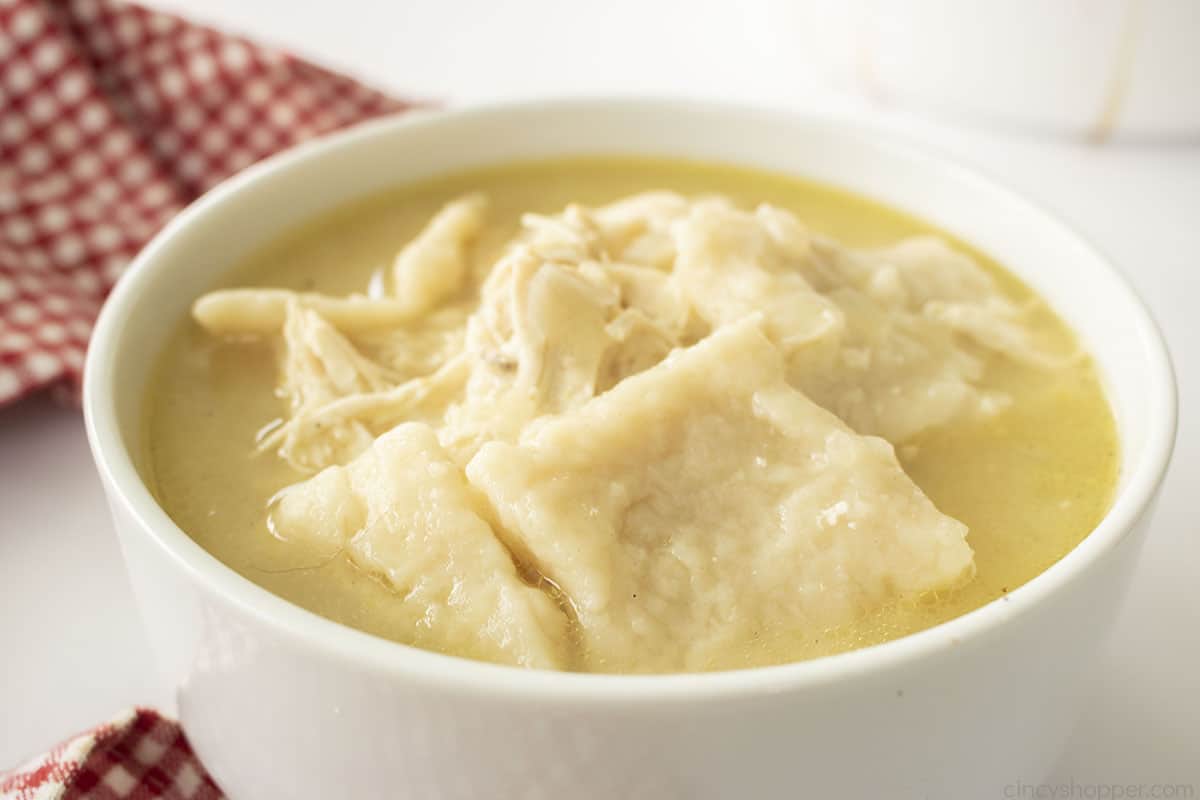 Old Fashioned Chicken and Dumplings in a white bowl.