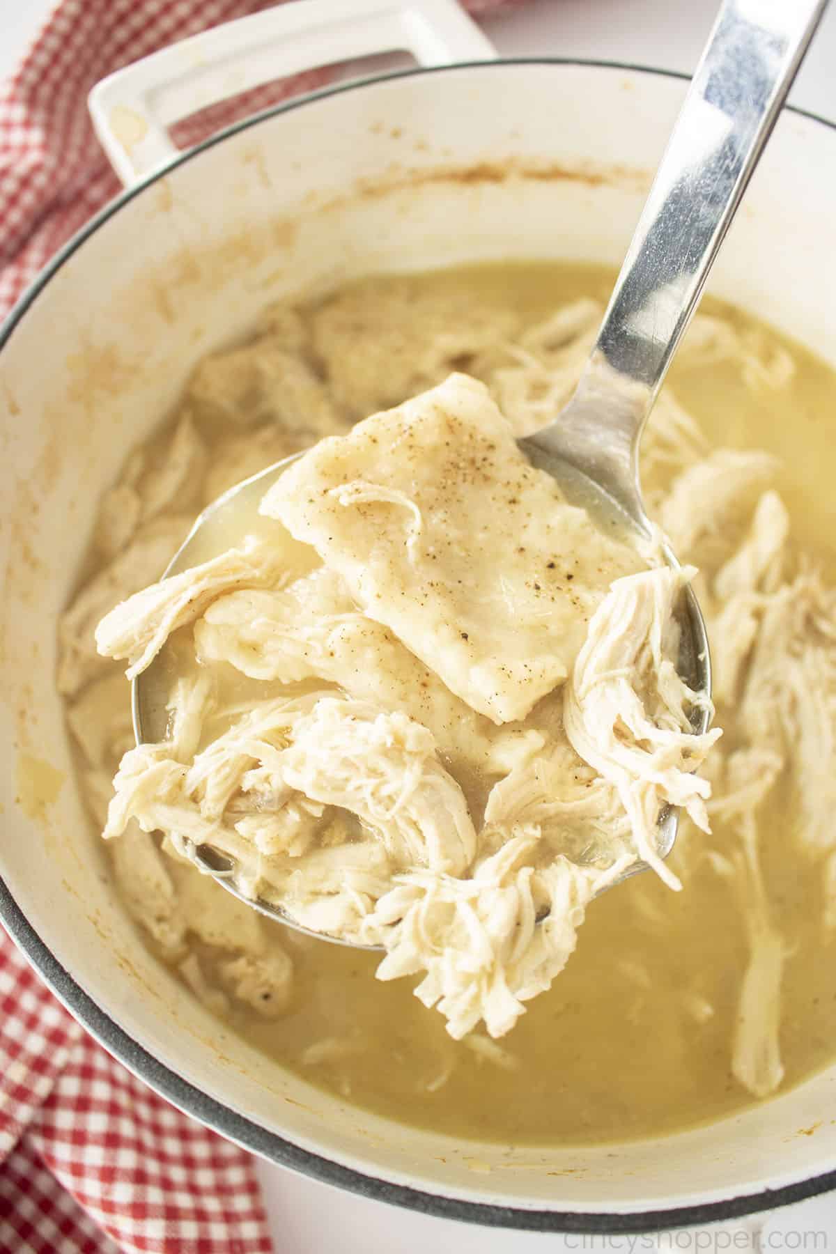 Homemade Dumplings with chicken in a ladle. 