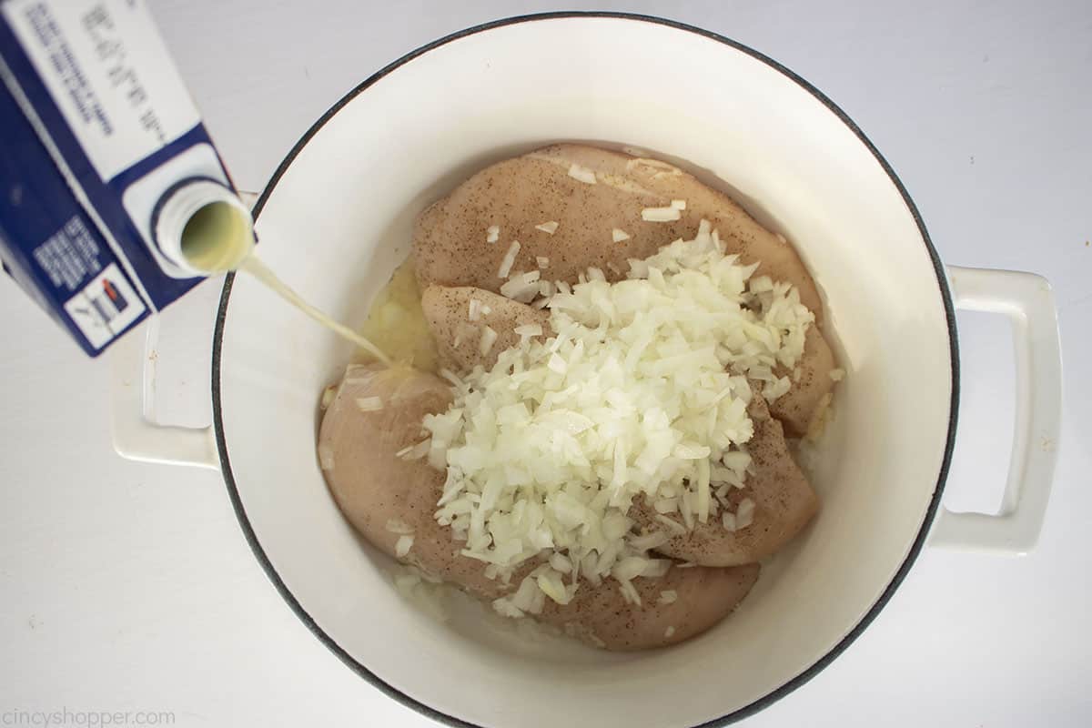 Chicken, onions and broth in a dutch oven.