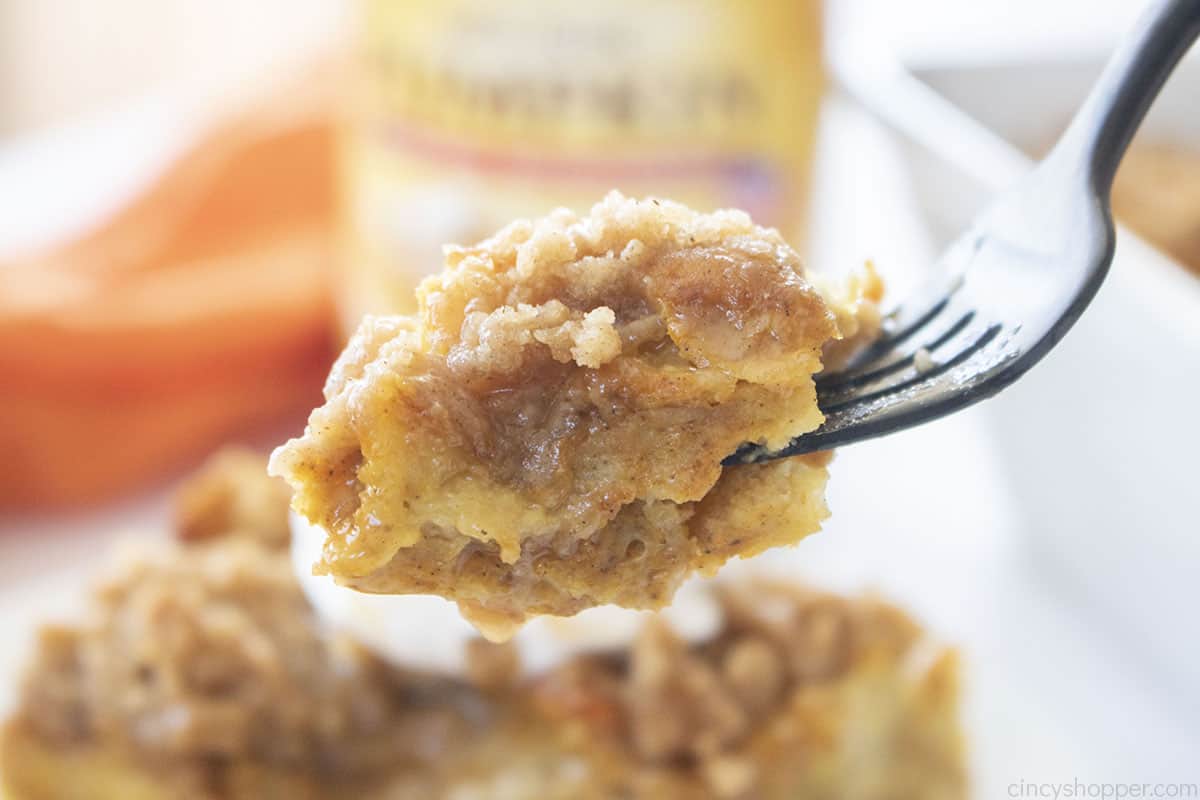 Pumpkin French Toast Bake on a fork.