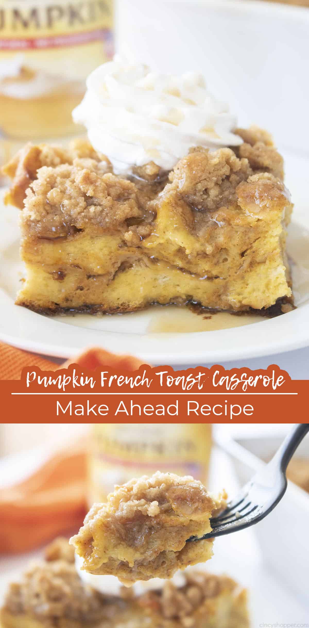 Long pin Text on image Pumpkin French Toast Casserole Make Ahead Recipe