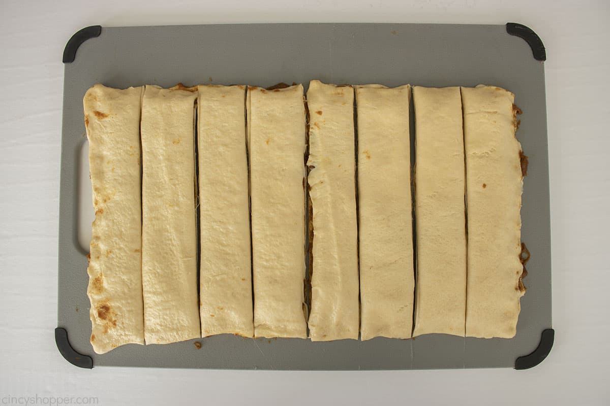 Pumpkin Crescent sheets with filling cut into 8 strips.