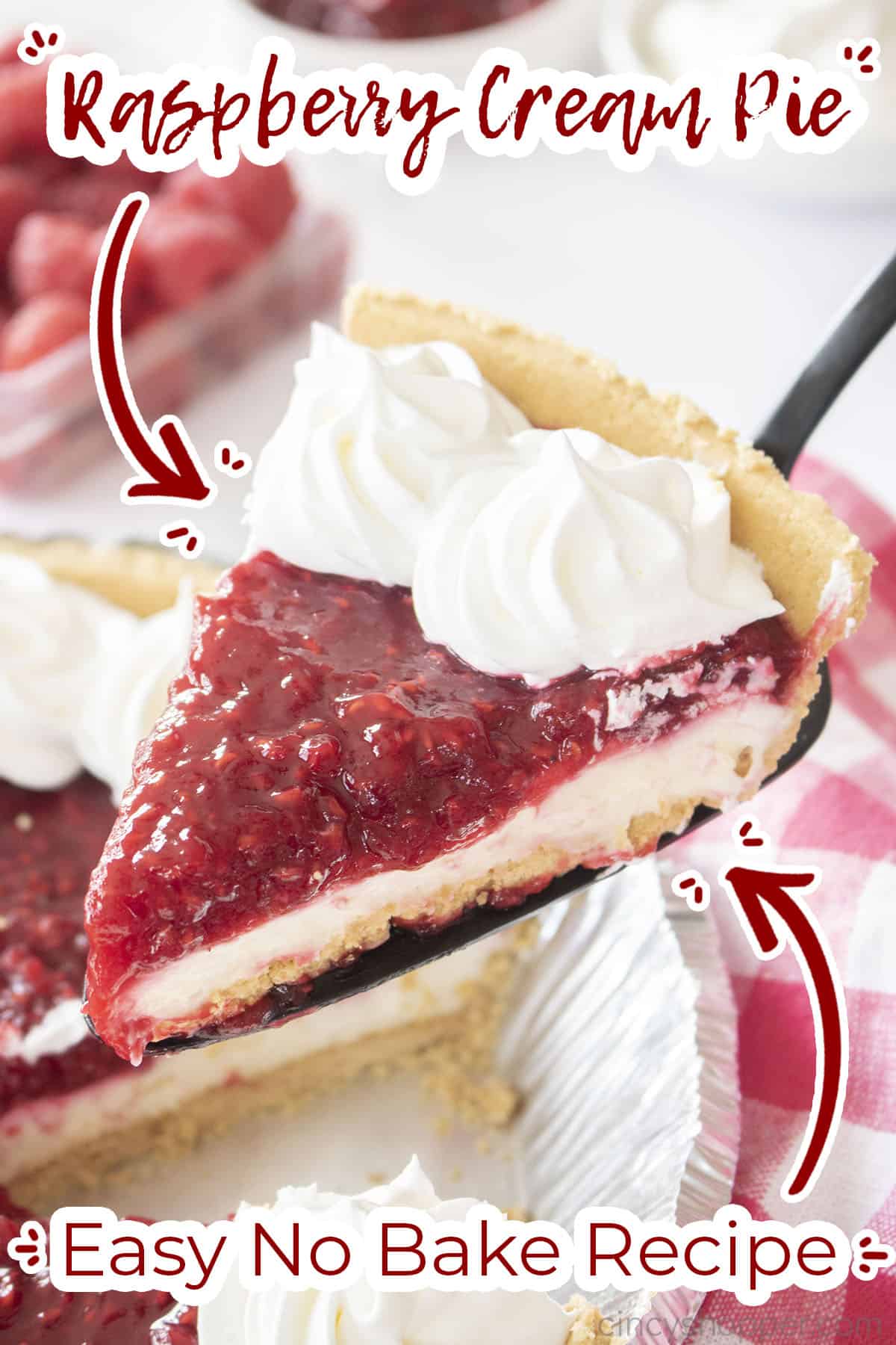 Text on image Raspberry Cream Pie Easy No Bake Recipe