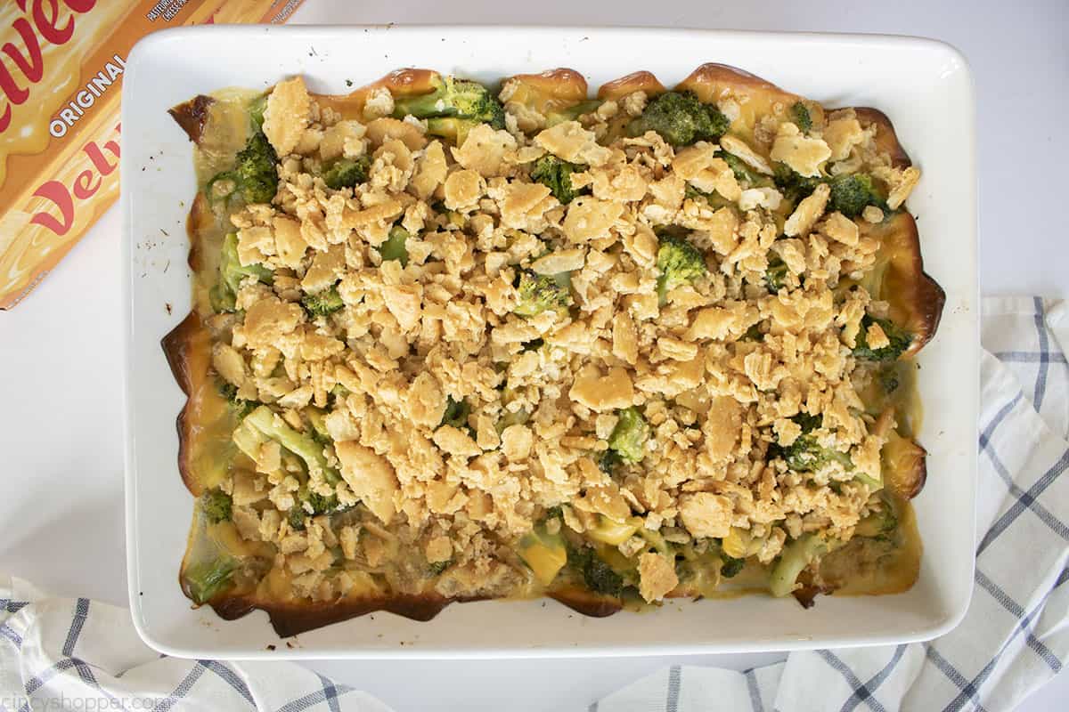 Baked Broccoli cheese Velveeta Casserole.